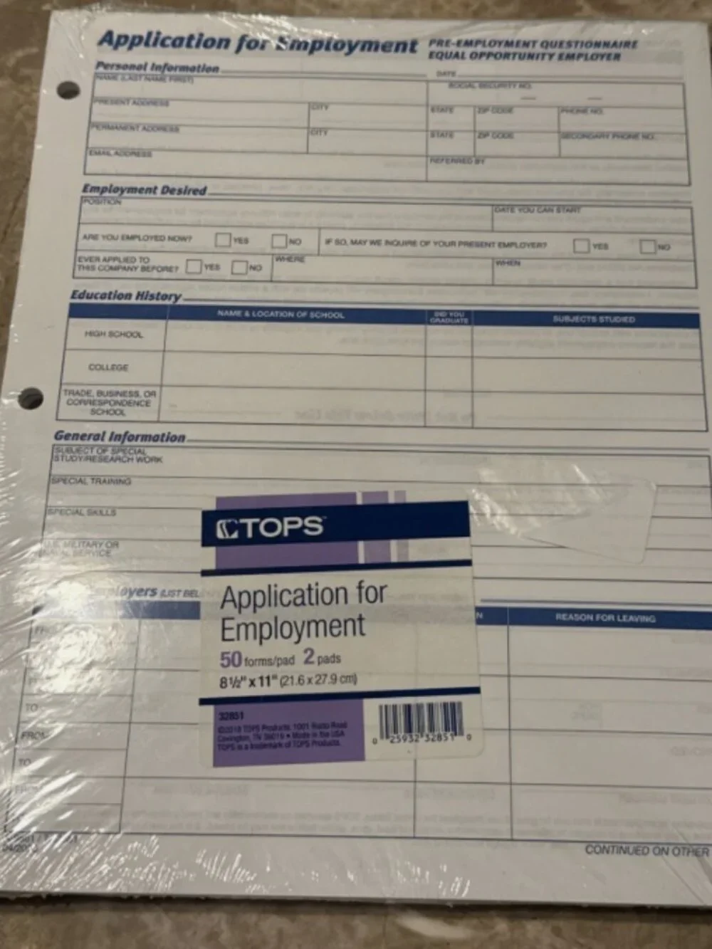 TOPS Application for Employment Forms - 2 Pads